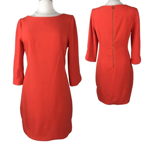 Vince Camuto Gorgeous Tomato Orange 3/4 Sleeve Boatneck Shift Midi Dress size 10 - Picture 1 of 14
